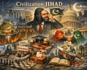 Civilization Jihad illustration showing stealth jihad, sharia law, and institutional influence in America.